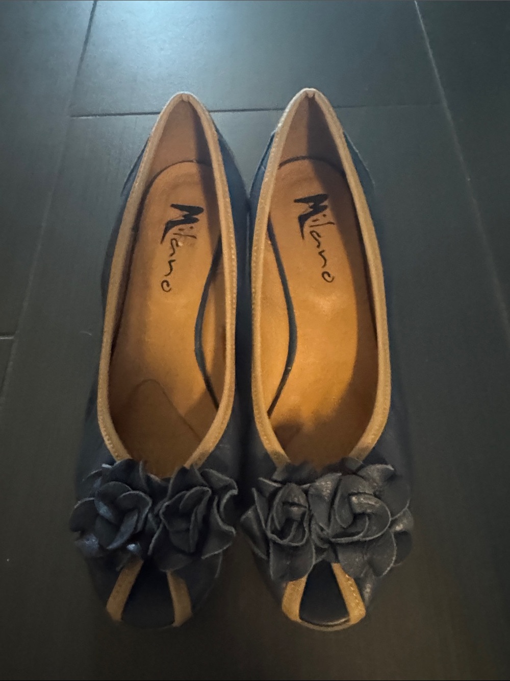 Milano Navy Peep-Toe Flats with Floral Rosettes and Tan Trim